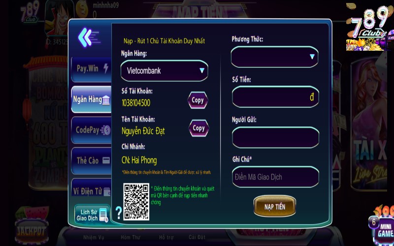 Nạp tiền qua ngân hàng tại 789Club
