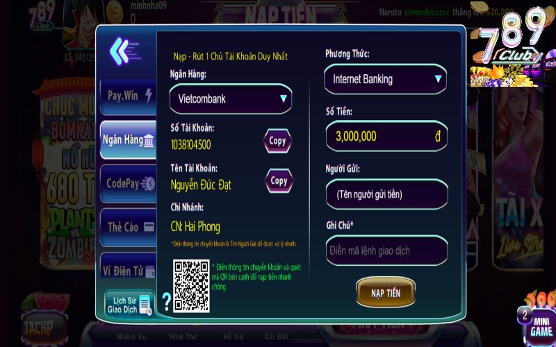 nạp tiền qua ngân hàng 789Club