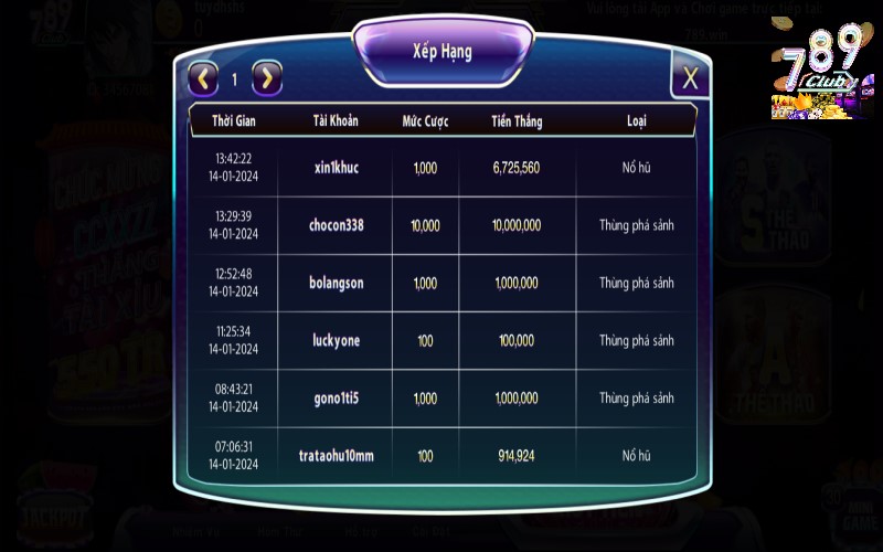 Bảng xếp hạng trong game mini poker của 789Club