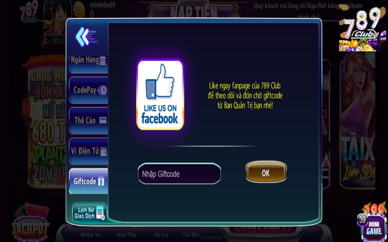 Nạp tiền bằng phương thức giftcode vào 789Club