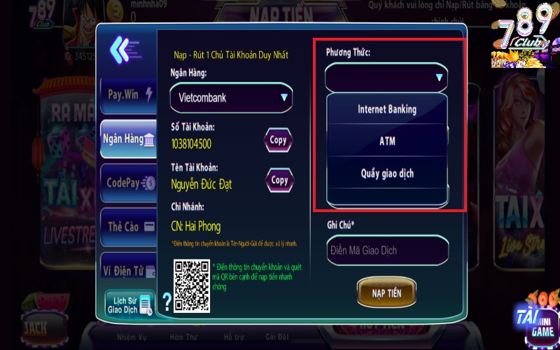 Chọn phương thức nạp tiền