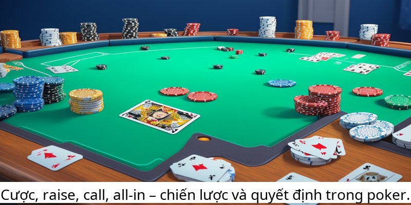 Cược, raise, call, all-in – chiến lược và quyết định trong poker.